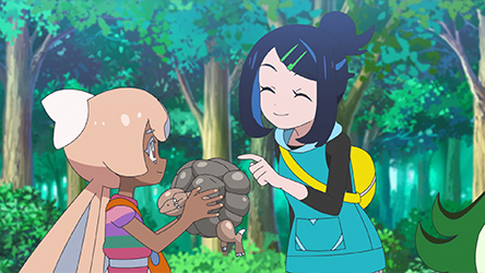 Liko y Navi junto a un Geodude en un fotograma del episodio 149